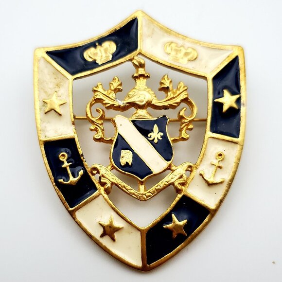 Vintage Replica Enamel Royal Navy Crest Pin Brooch Navy Blue Gold White Nautical - Picture 1 of 4